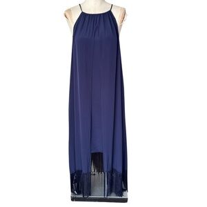 Trina Turk Kearney Silk Hi-Low Fringe Midi Dress in Navy Blue Size: 6